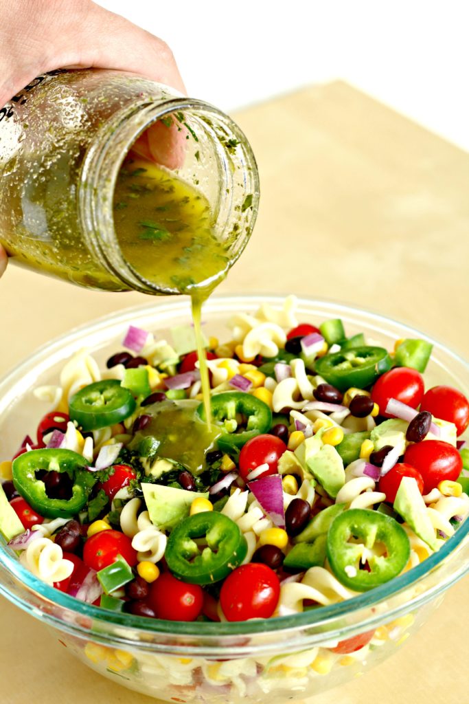 Mexican Pasta Salad with cilantro lime vinaigrette