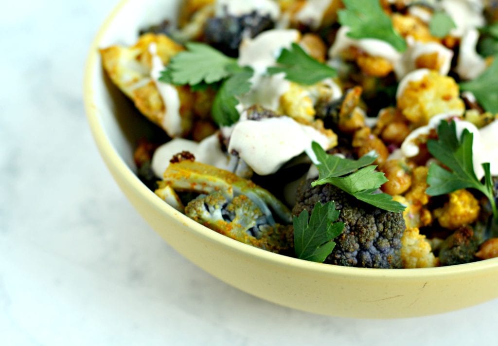 bowl of roasted chick peas and cauliflower